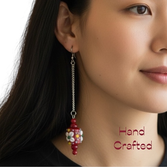 Hand Crafted Jewelry - Handcrafted Red Floral Glass W Coral Silver Earrings NWT